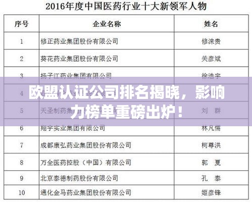 欧盟认证公司排名揭晓，影响力榜单重磅出炉！